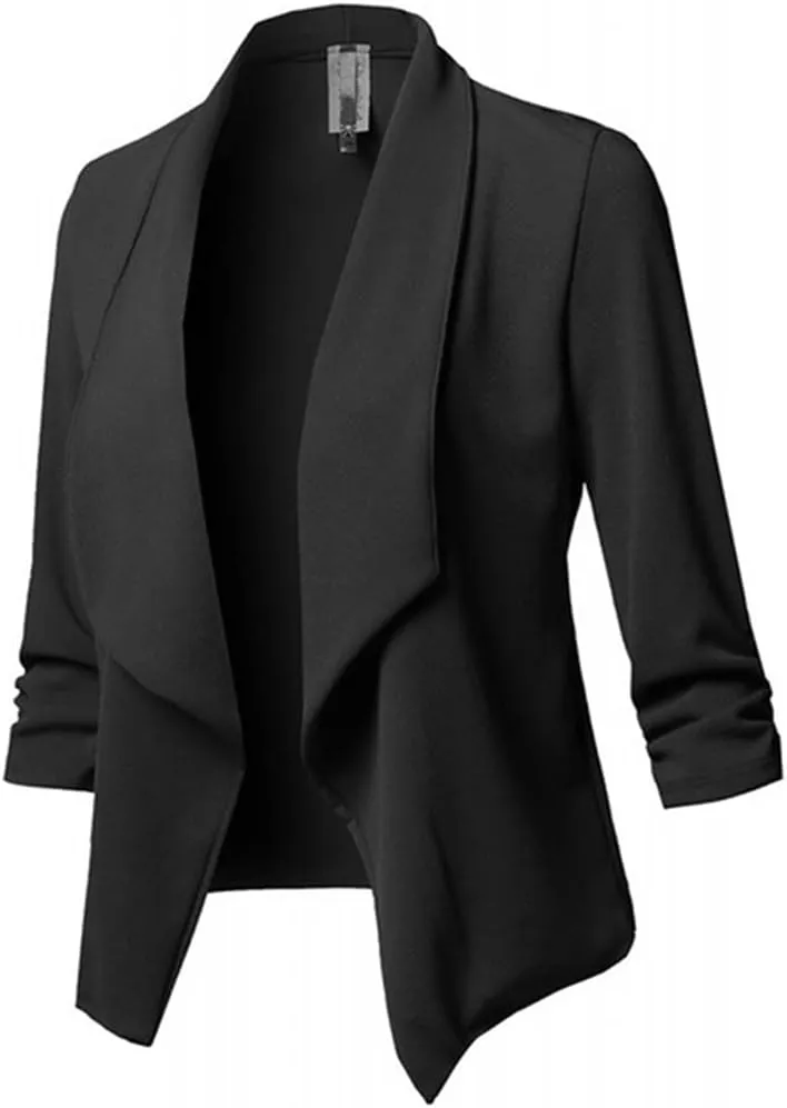 Blazers for Women Business - Womens Casual Ruched 3/4 Sleeve Open Front Tops Lightweight Work Office Blazer Jackets