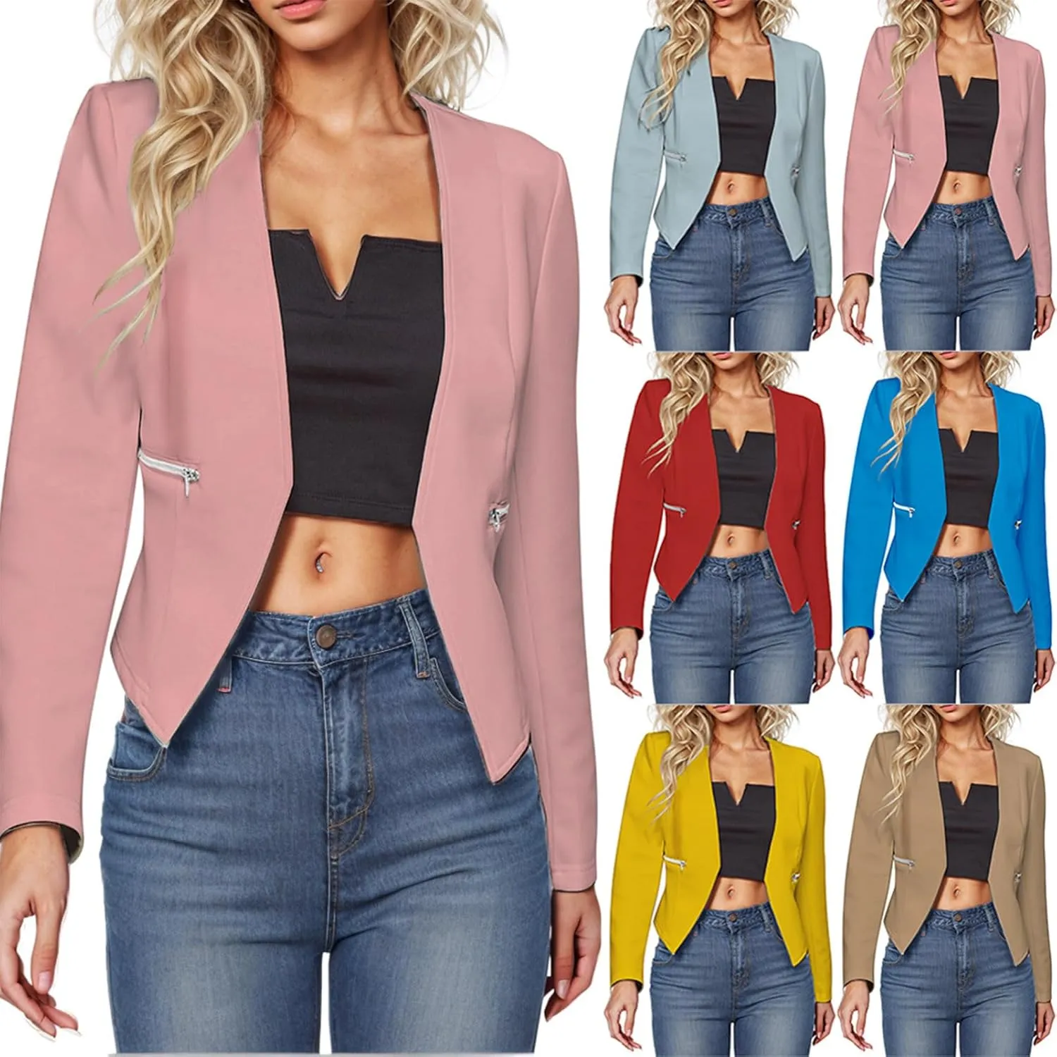 Blazers for Women Long Sleeve Open Front Cardigan Casual Work Office Busssiness Cropped Blazer Suit Jackets