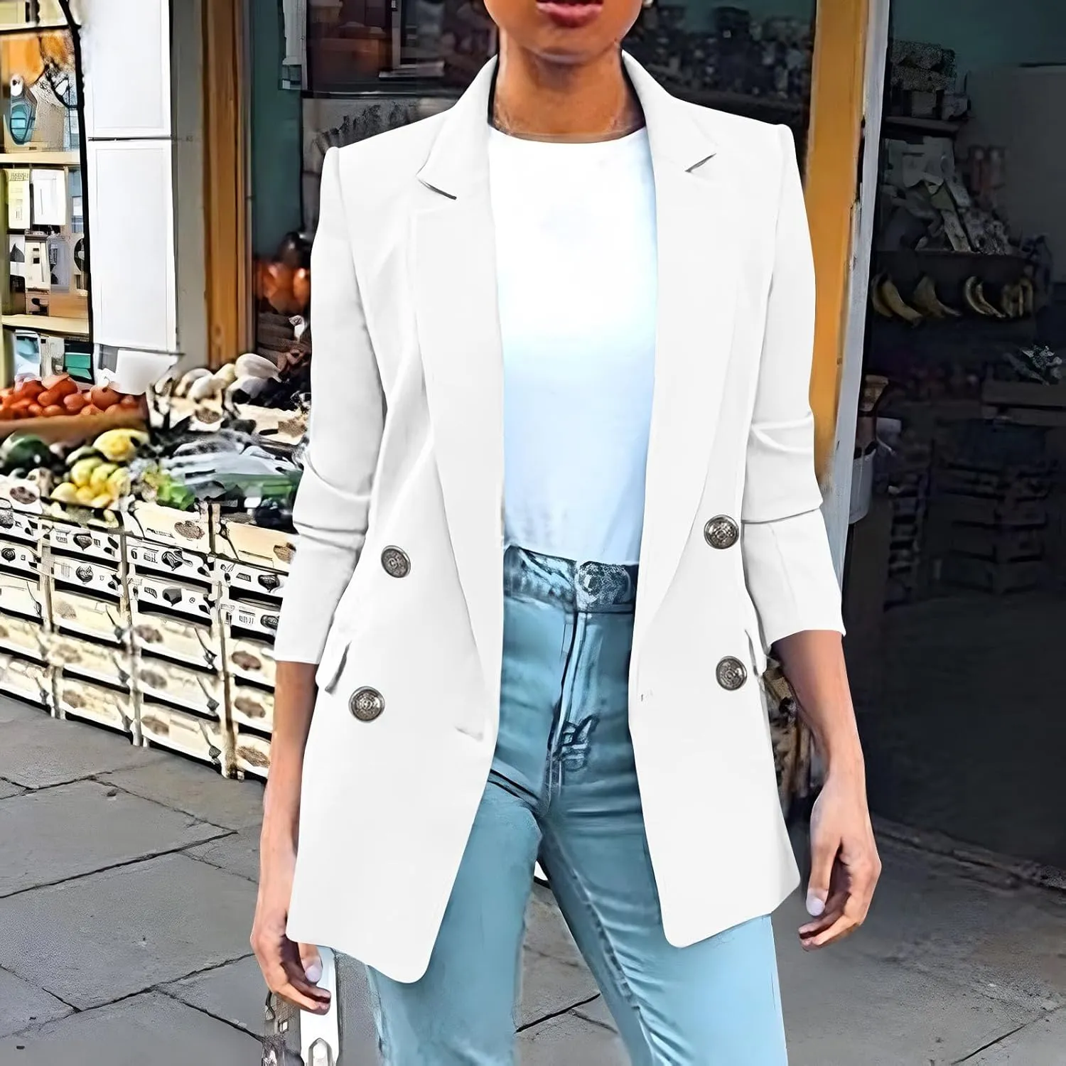 Blazers for Women Plus Size Lightweight Double Breasted Long Sleeve Suits Jackets Business Casual Work Blazer Pockets