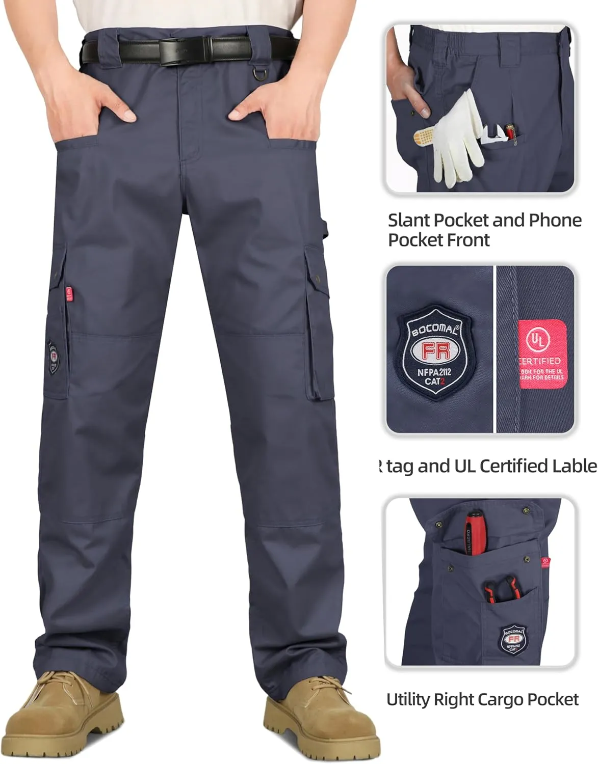 BOCOMAL FR Pants for Men Cargo Flame Resistant Pants(2112&CAT2) 100% C 7.5oz Utility Fire Resistant Pants