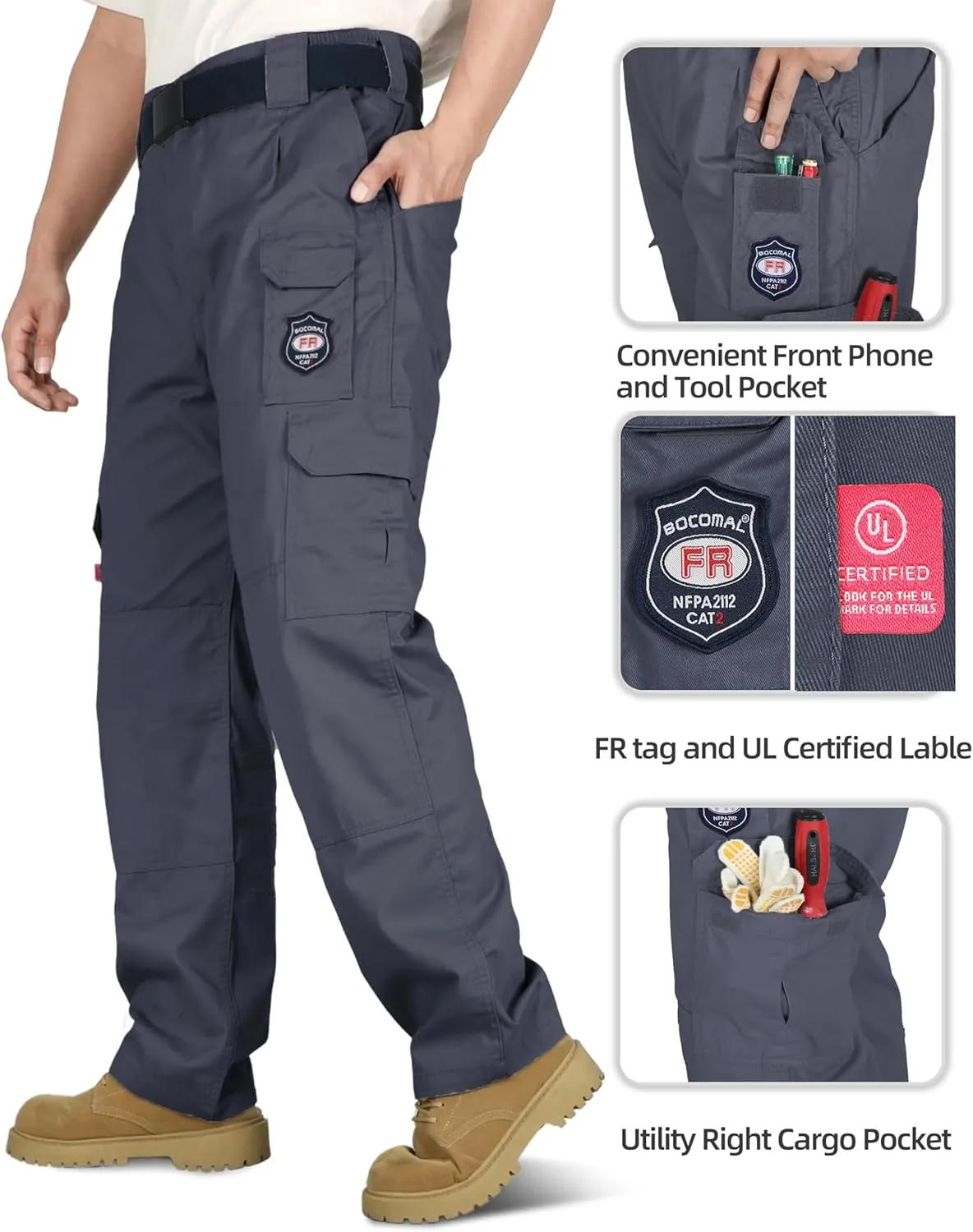 BOCOMAL Men's FR Cargo Pants Flame Resistant Pants Midweight 7.5oz (7 Pockets) Multi-Pockets FR Pants