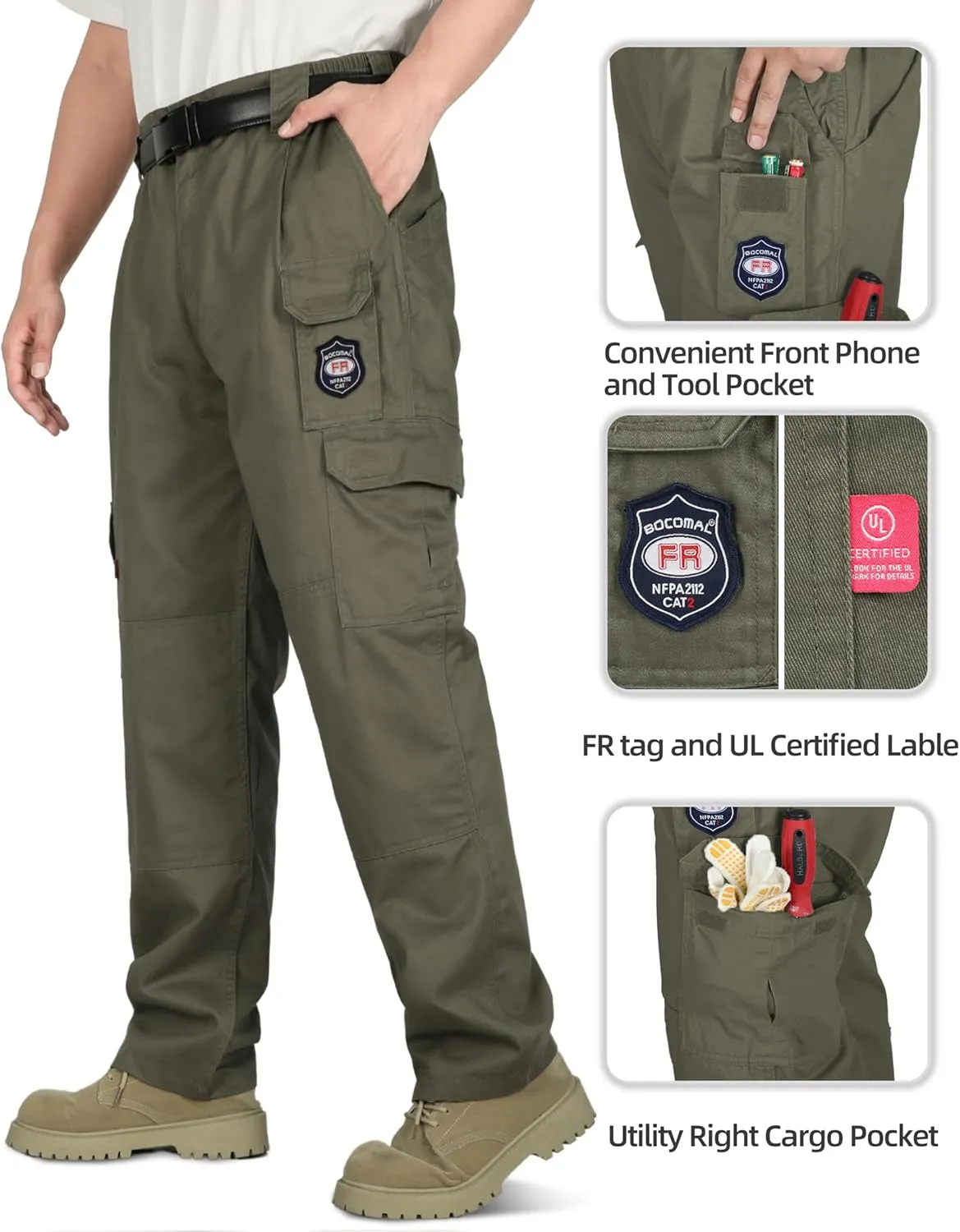BOCOMAL Men's FR Cargo Pants Flame Resistant Pants Midweight 7.5oz (7 Pockets) Multi-Pockets FR Pants
