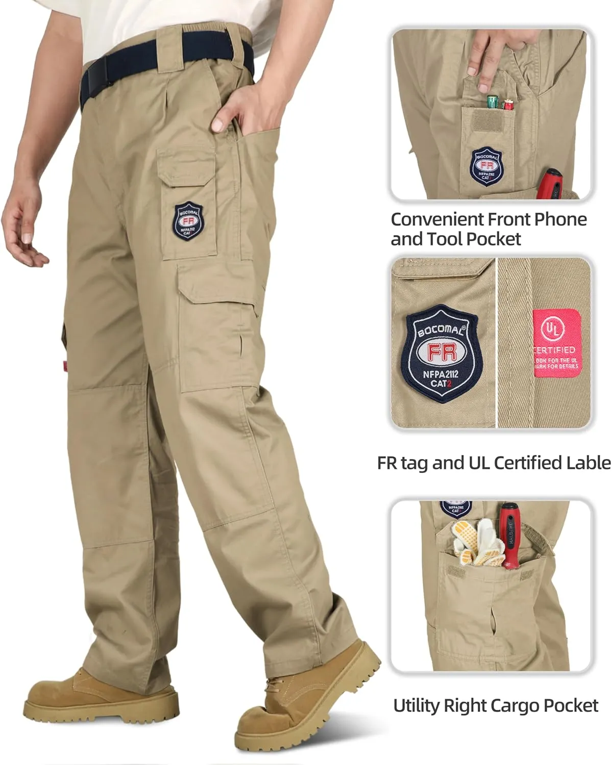 BOCOMAL Men's FR Cargo Pants Flame Resistant Pants Midweight 7.5oz (7 Pockets) Multi-Pockets FR Pants