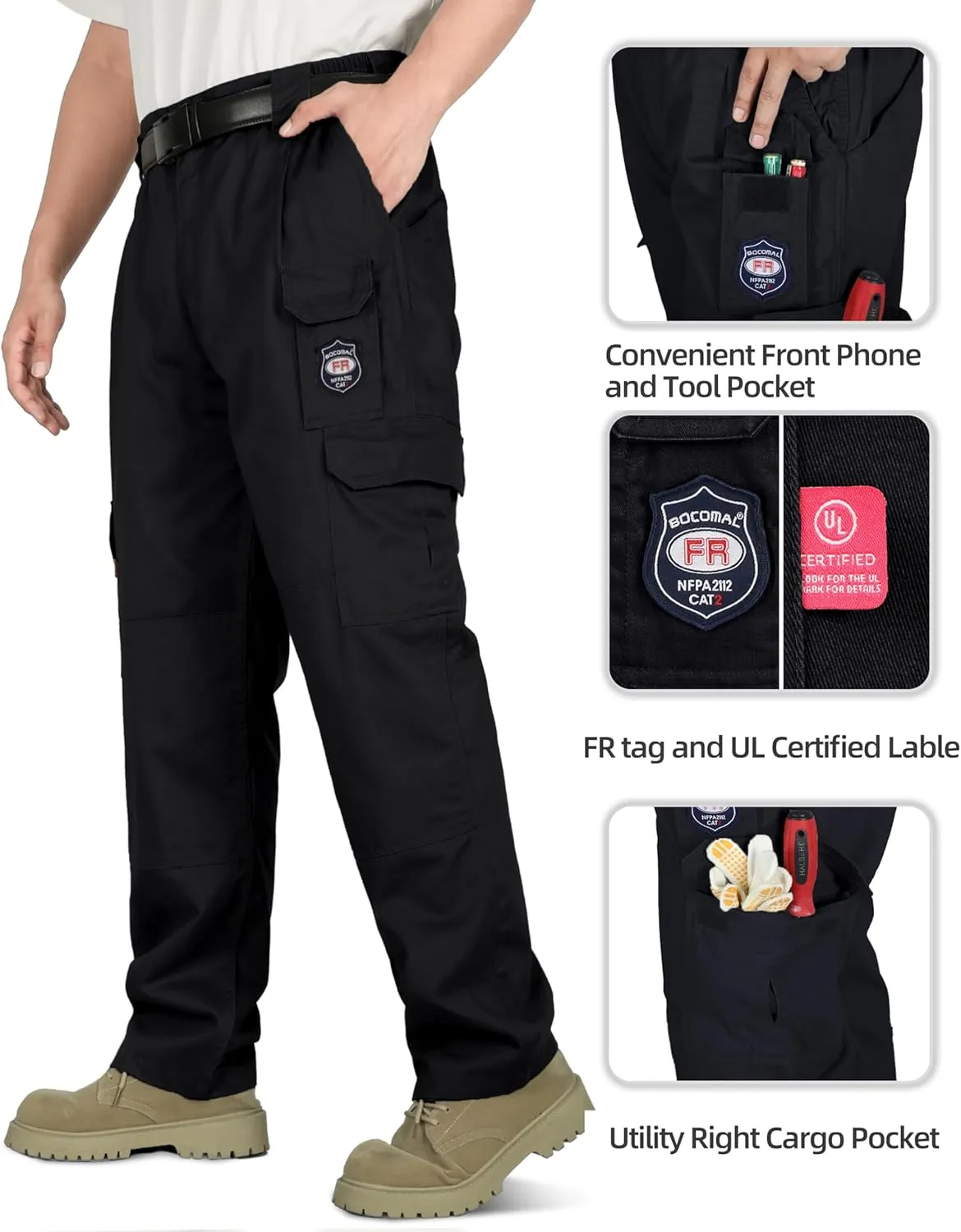 BOCOMAL Men's FR Cargo Pants Flame Resistant Pants Midweight 7.5oz (7 Pockets) Multi-Pockets FR Pants