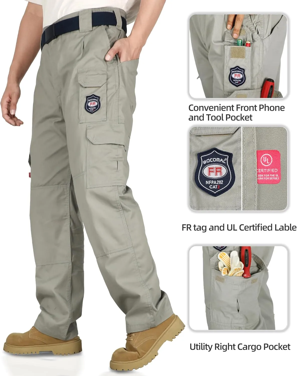 BOCOMAL Men's FR Cargo Pants Flame Resistant Pants Midweight 7.5oz (7 Pockets) Multi-Pockets FR Pants