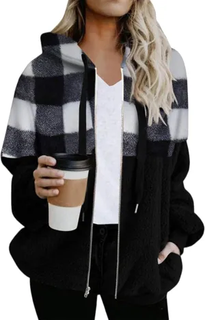 BOFETA Women's Sherpa Jacket Zip Up Hoodie Oversized Plaid Winter Coats with Pockets