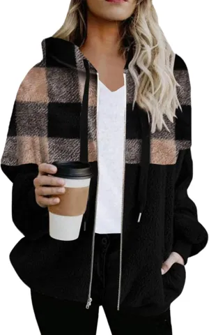 BOFETA Women's Sherpa Jacket Zip Up Hoodie Oversized Plaid Winter Coats with Pockets