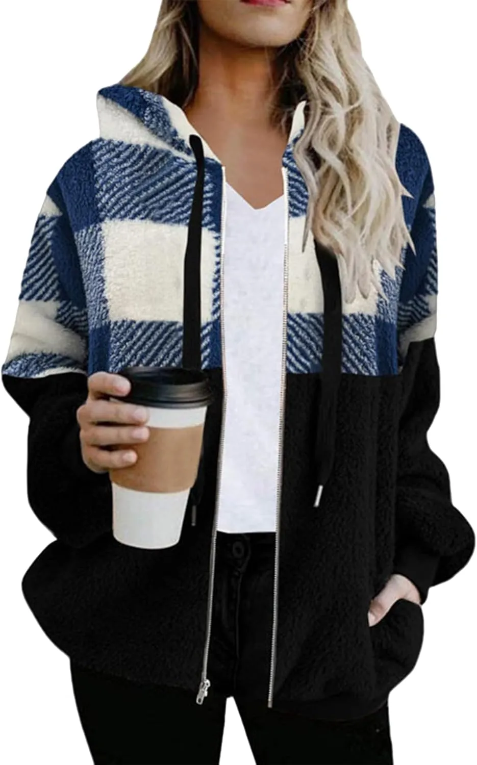 BOFETA Women's Sherpa Jacket Zip Up Hoodie Oversized Plaid Winter Coats with Pockets