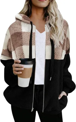 BOFETA Women's Sherpa Jacket Zip Up Hoodie Oversized Plaid Winter Coats with Pockets