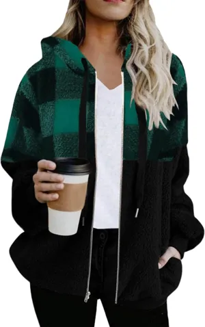 BOFETA Women's Sherpa Jacket Zip Up Hoodie Oversized Plaid Winter Coats with Pockets