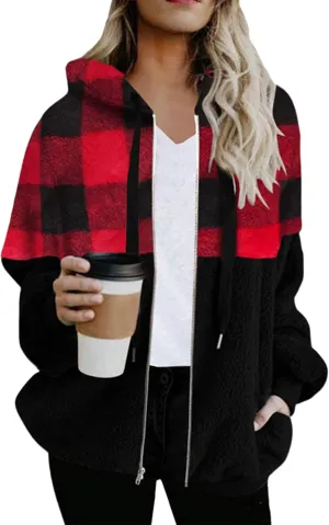 BOFETA Women's Sherpa Jacket Zip Up Hoodie Oversized Plaid Winter Coats with Pockets