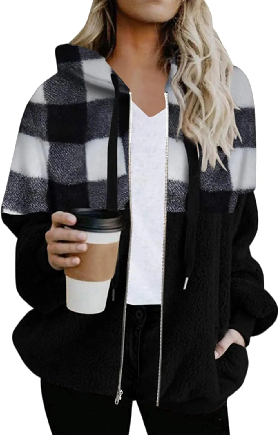 BOFETA Women's Sherpa Jacket Zip Up Hoodie Oversized Plaid Winter Coats with Pockets