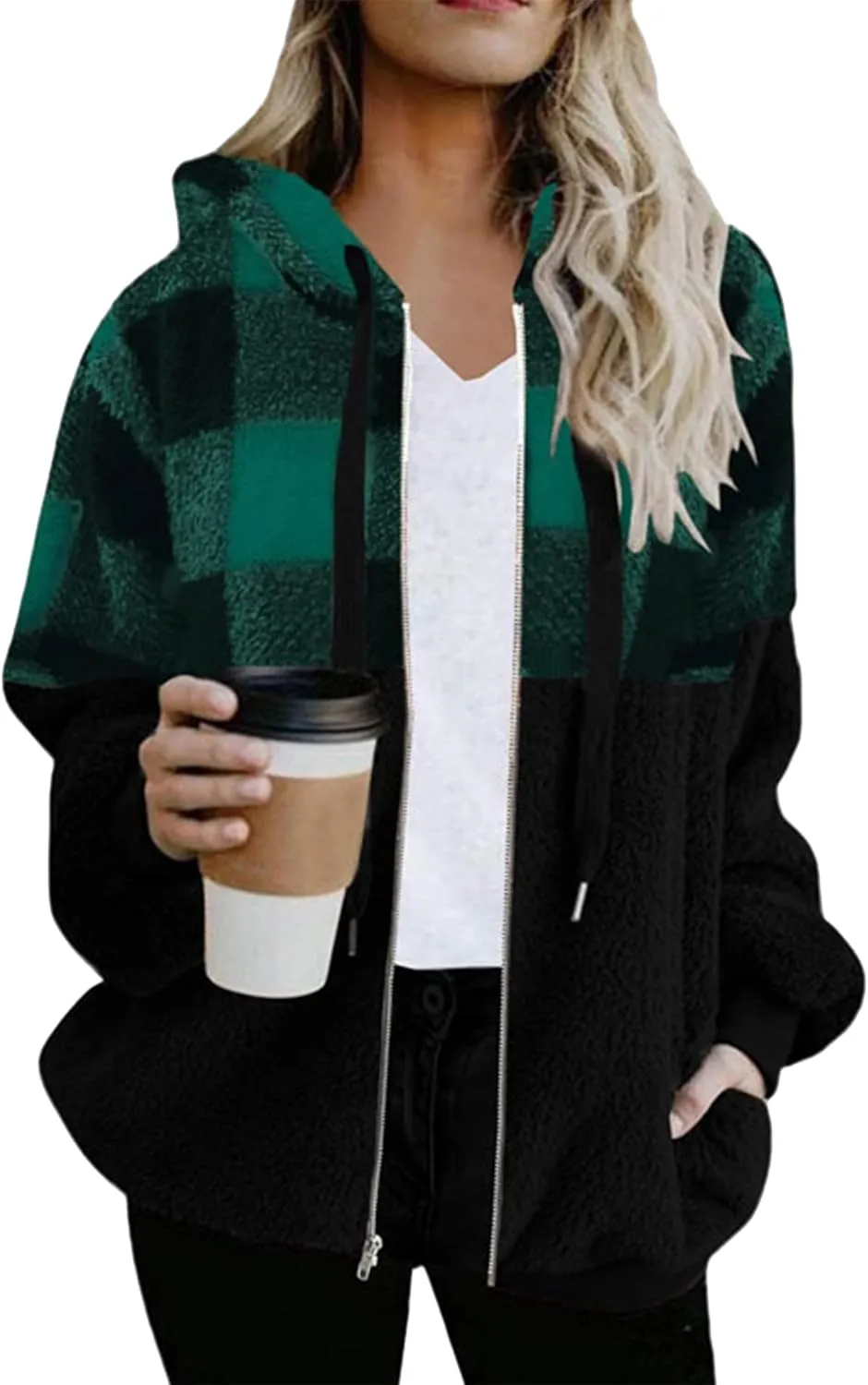 BOFETA Women's Sherpa Jacket Zip Up Hoodie Oversized Plaid Winter Coats with Pockets
