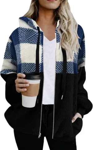 BOFETA Women's Sherpa Jacket Zip Up Hoodie Oversized Plaid Winter Coats with Pockets