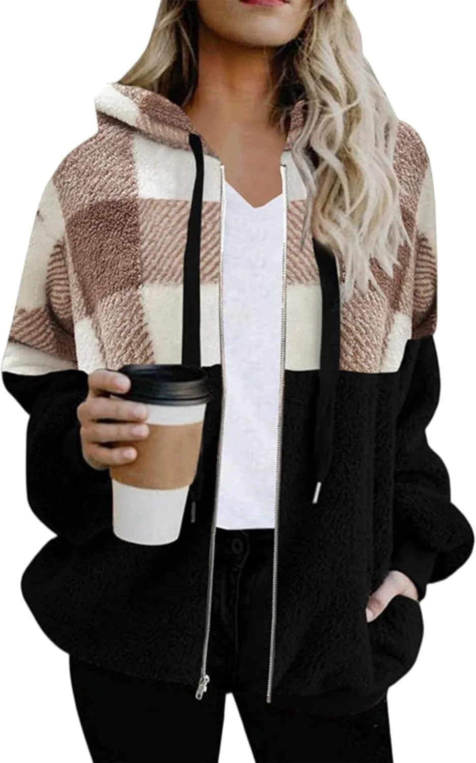 BOFETA Women's Sherpa Jacket Zip Up Hoodie Oversized Plaid Winter Coats with Pockets