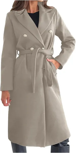 Borniu Women's Notch Lapel Double Breasted Wool Blend Long Pea Coat Trench Coat Winter Open Front Cardigan Jacket with Belt