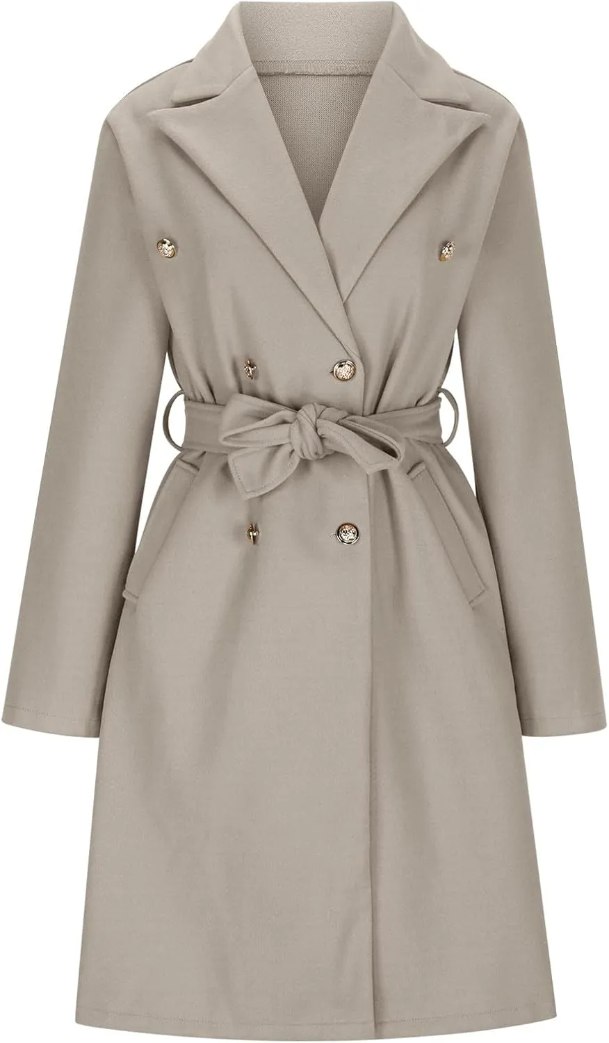 Borniu Women's Notch Lapel Double Breasted Wool Blend Long Pea Coat Trench Coat Winter Open Front Cardigan Jacket with Belt