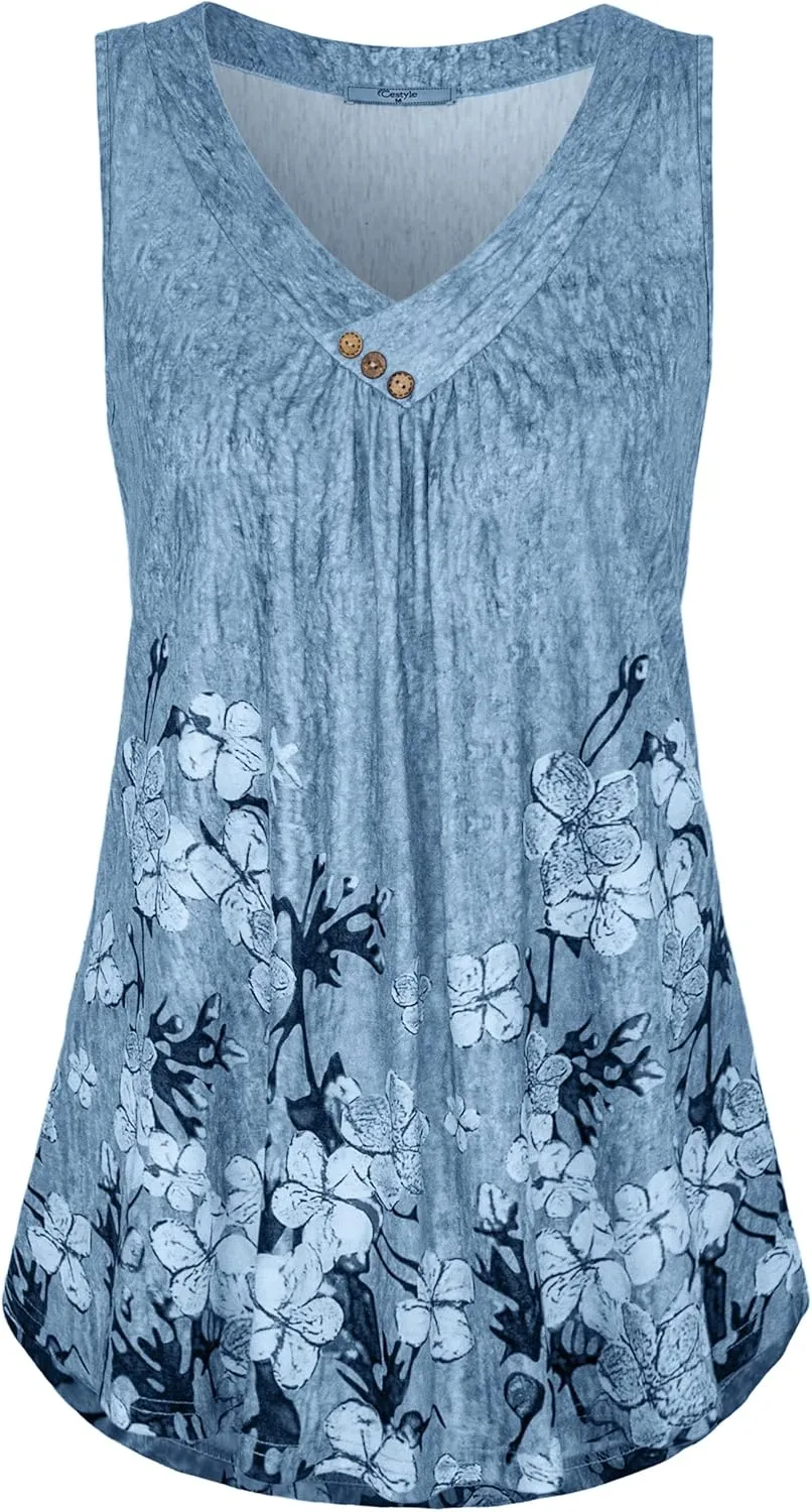 Cestyle Womens Sleeveless V Neck Shirts Pleated Front Flowy Tank Tops