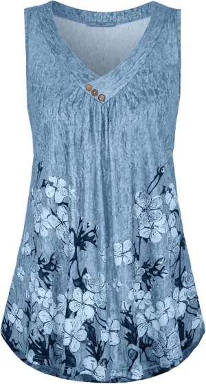Cestyle Womens Sleeveless V Neck Shirts Pleated Front Flowy Tank Tops