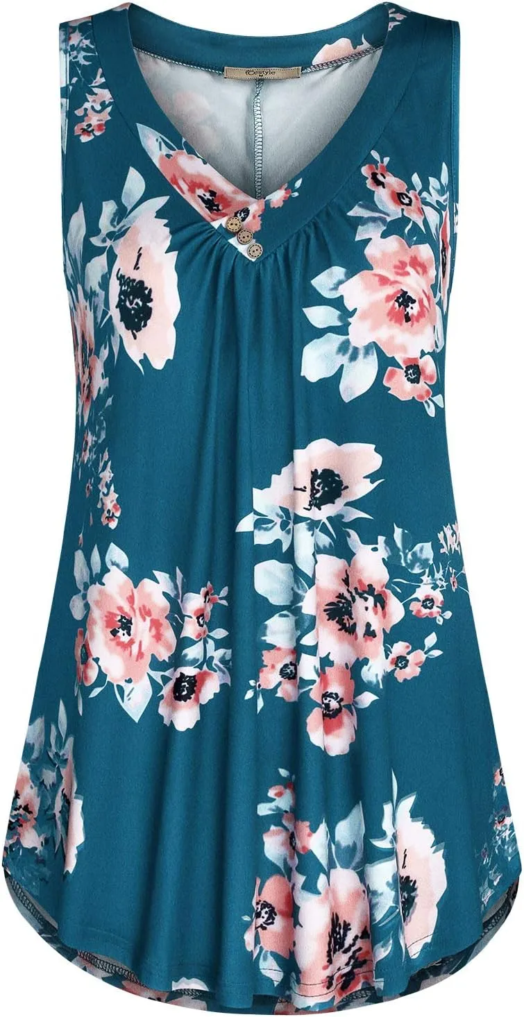 Cestyle Womens Sleeveless V Neck Shirts Pleated Front Flowy Tank Tops