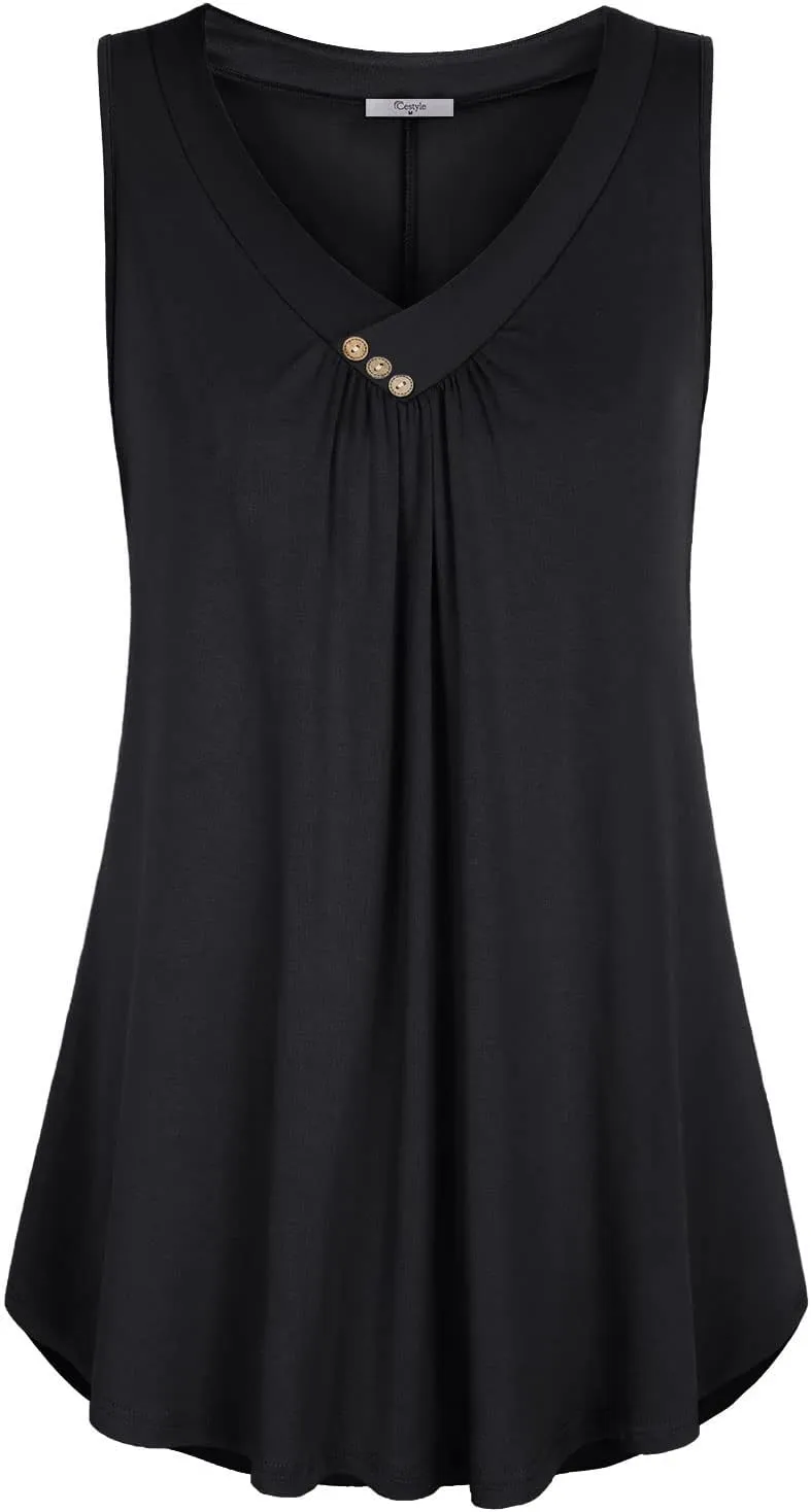 Cestyle Womens Sleeveless V Neck Shirts Pleated Front Flowy Tank Tops