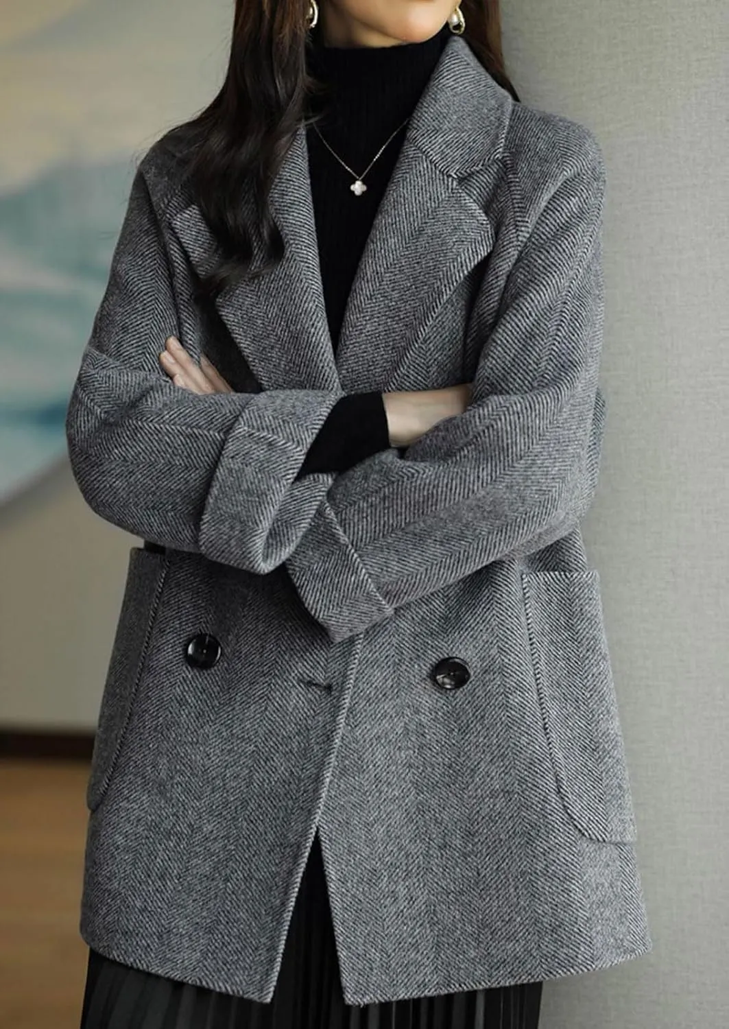 CHARTOU Women Wool Coat Peacoat Jacket Thick Loose Double Breasted Pea Coat Woolen Winter Overcoat