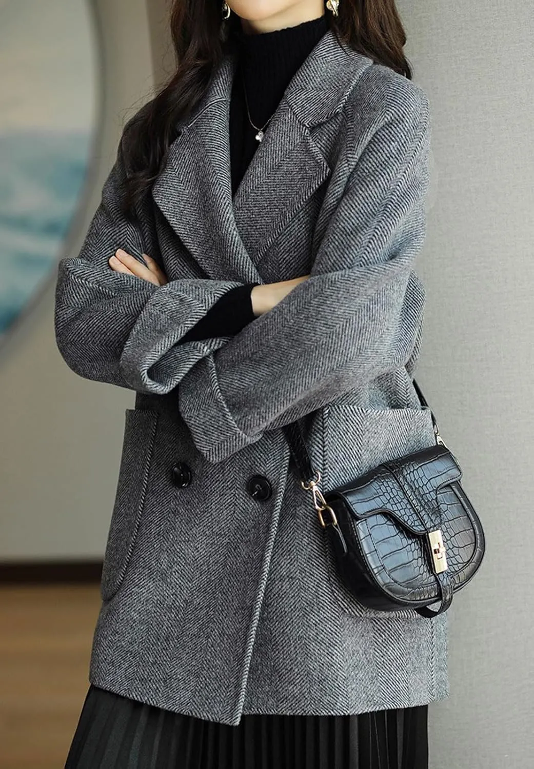 CHARTOU Women Wool Coat Peacoat Jacket Thick Loose Double Breasted Pea Coat Woolen Winter Overcoat