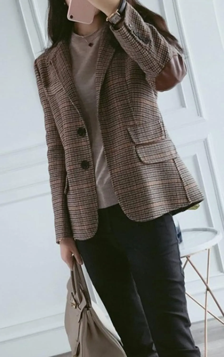 CHARTOU Women's Chic Lapel Collar Plaid 2-Button Business Work Office Blazer Suit Jacket