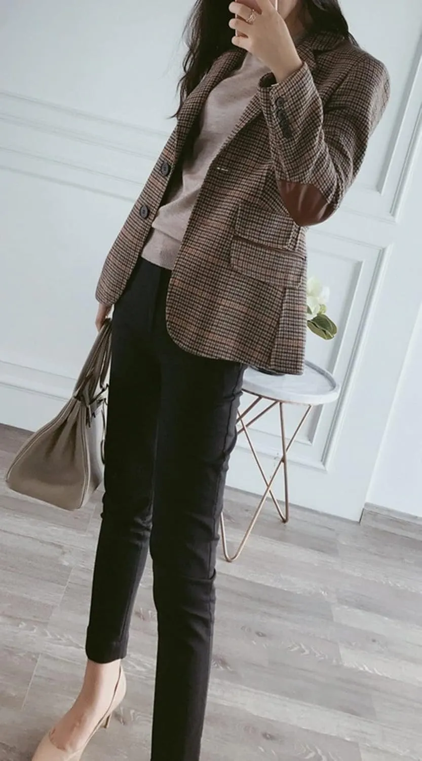 CHARTOU Women's Chic Lapel Collar Plaid 2-Button Business Work Office Blazer Suit Jacket