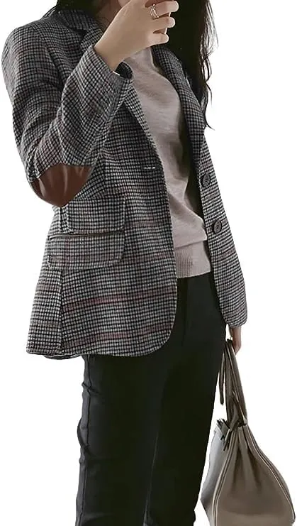 CHARTOU Women's Chic Lapel Collar Plaid 2-Button Business Work Office Blazer Suit Jacket