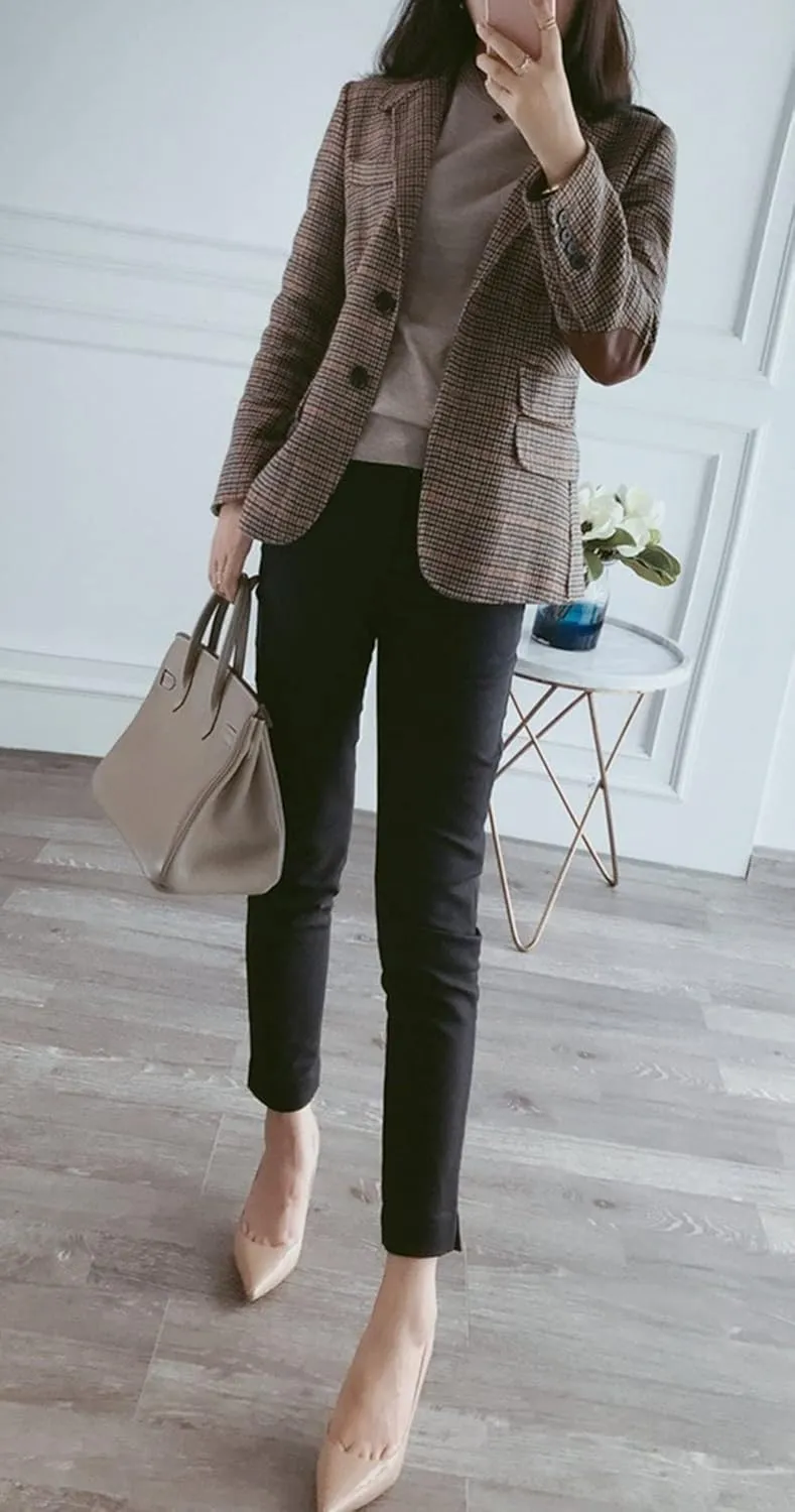 CHARTOU Women's Chic Lapel Collar Plaid 2-Button Business Work Office Blazer Suit Jacket