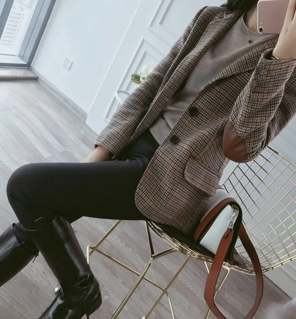 CHARTOU Women's Chic Lapel Collar Plaid 2-Button Business Work Office Blazer Suit Jacket