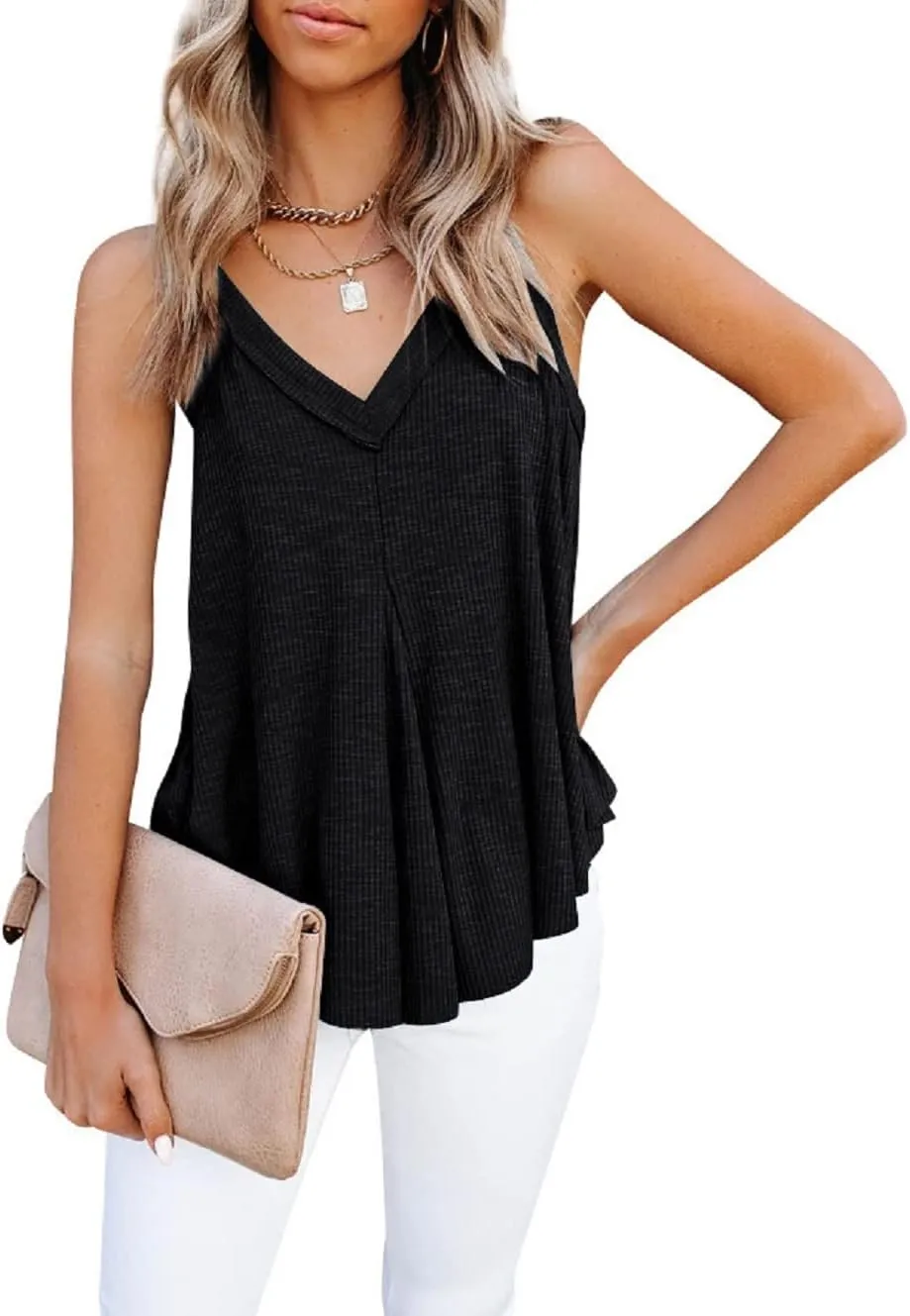 CHARTOU Women's Comfy V-Neck Sleeveless Irregular Pleats A-Line Camisole Shirt Tank Tops
