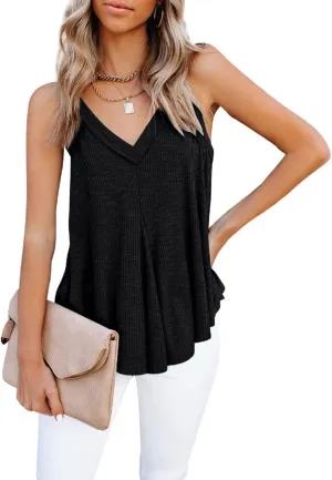 CHARTOU Women's Comfy V-Neck Sleeveless Irregular Pleats A-Line Camisole Shirt Tank Tops