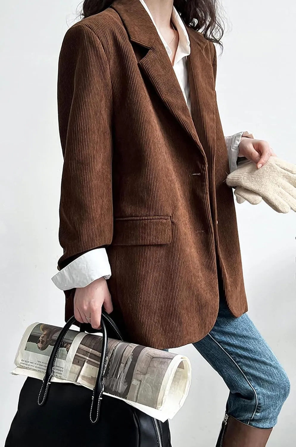 CHARTOU Women's Corduroy Oversized Open Front Long Sleeve Work Office Lady Jacket Blazer