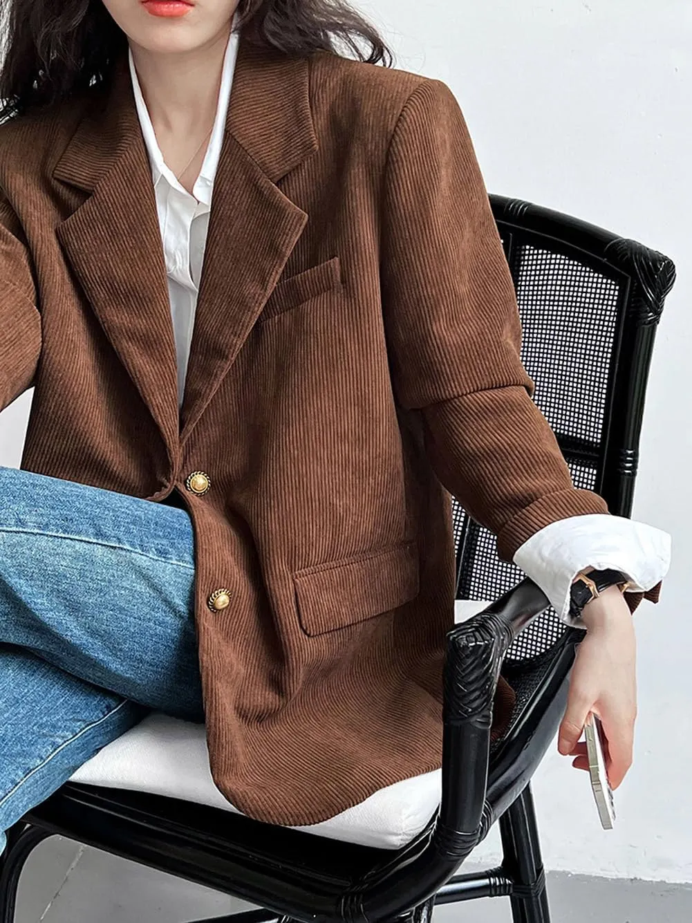 CHARTOU Women's Corduroy Oversized Open Front Long Sleeve Work Office Lady Jacket Blazer