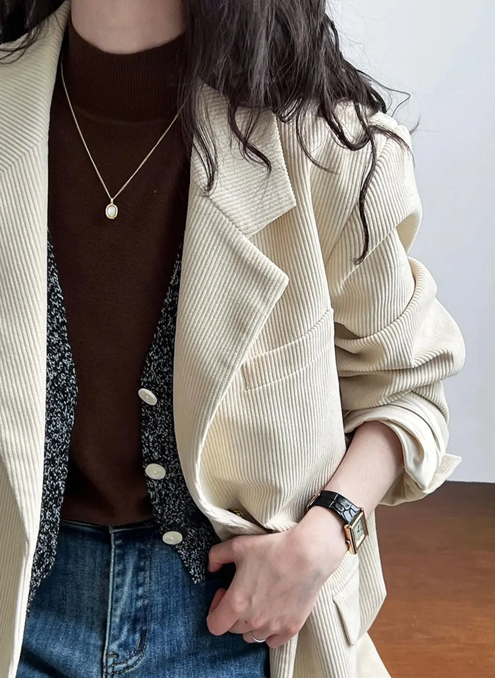 CHARTOU Women's Corduroy Oversized Open Front Long Sleeve Work Office Lady Jacket Blazer