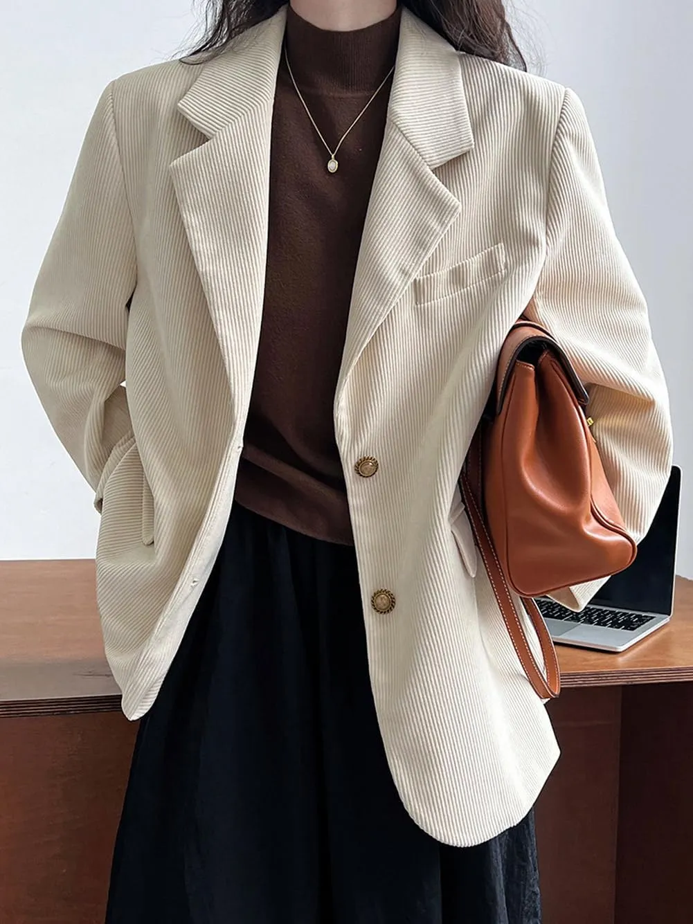 CHARTOU Women's Corduroy Oversized Open Front Long Sleeve Work Office Lady Jacket Blazer