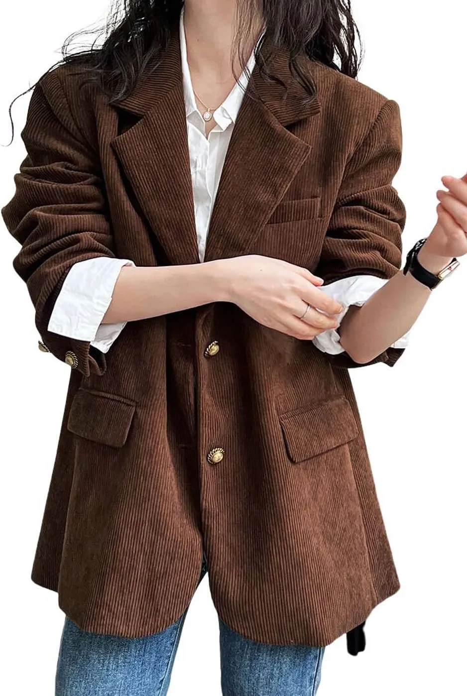 CHARTOU Women's Corduroy Oversized Open Front Long Sleeve Work Office Lady Jacket Blazer