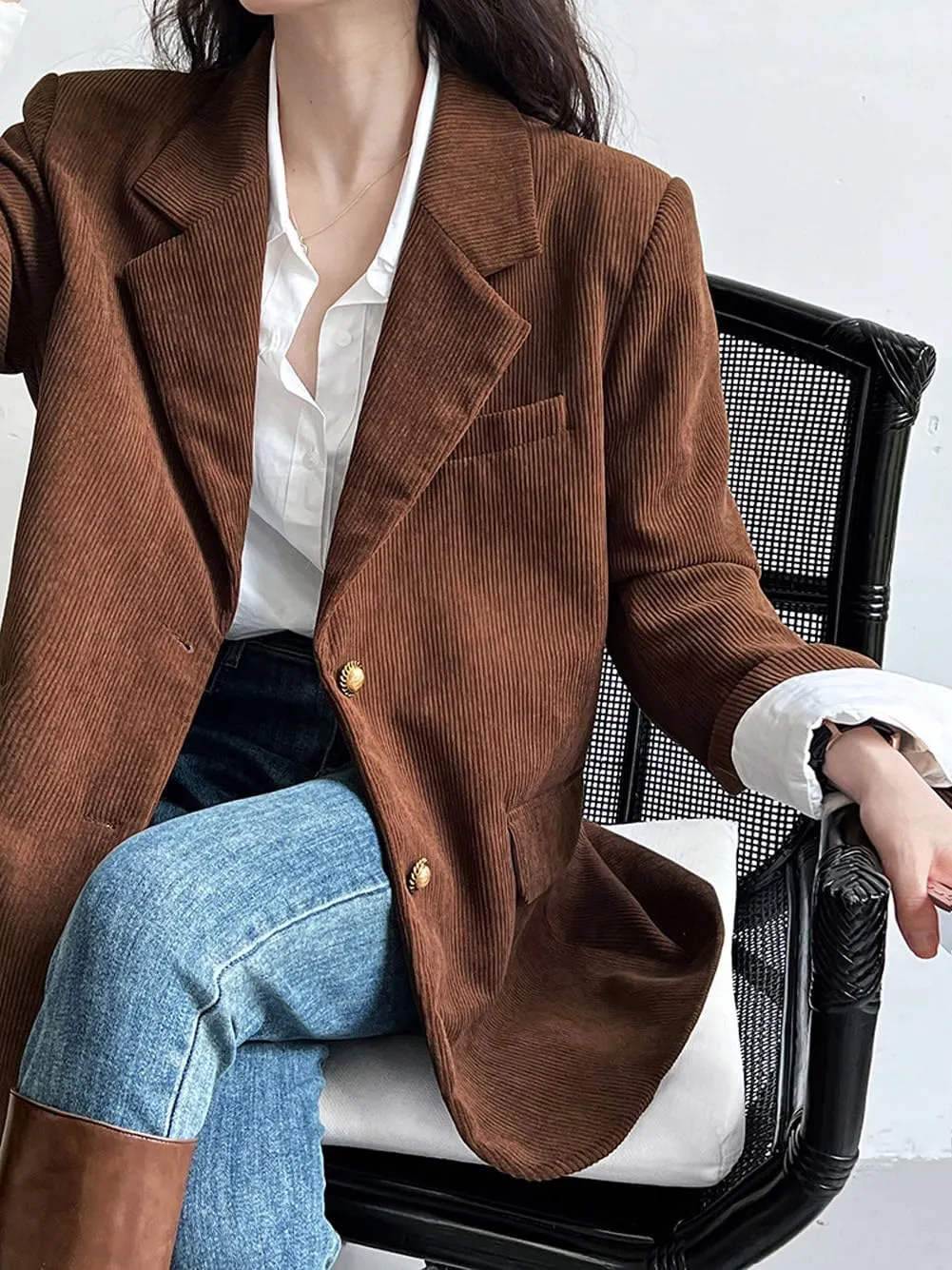 CHARTOU Women's Corduroy Oversized Open Front Long Sleeve Work Office Lady Jacket Blazer