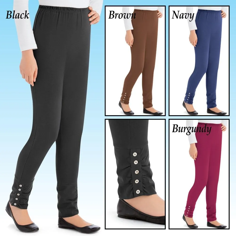 Collections Etc Cinched Ankle Leggings with Button Accents and Elastic Waistband, 30" L Inseam, Made of Cotton and Spandex