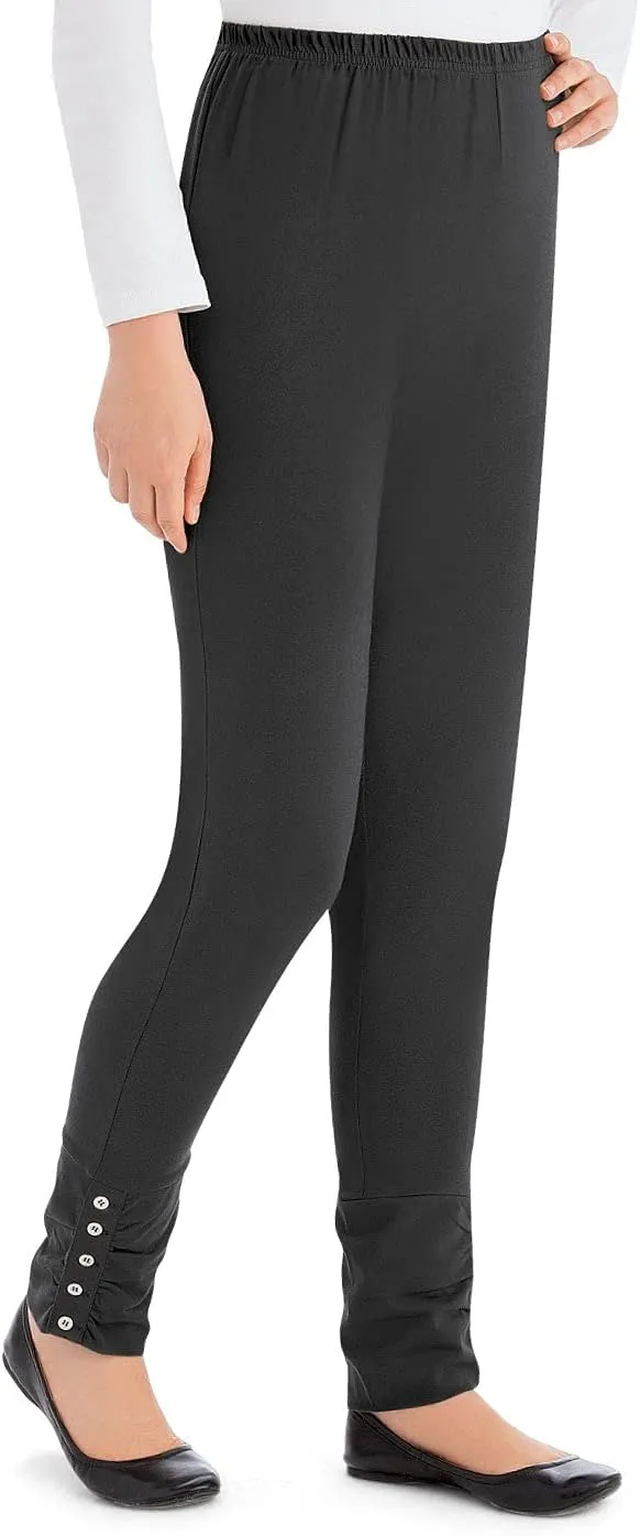 Collections Etc Cinched Ankle Leggings with Button Accents and Elastic Waistband, 30" L Inseam, Made of Cotton and Spandex