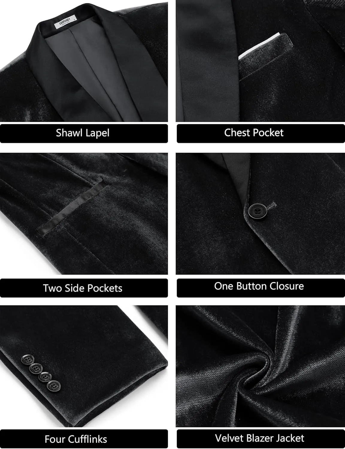 COOFANDY Men's Velvet Tuxedo One Button Jacket Dinner Prom Wedding Blazer Jacket