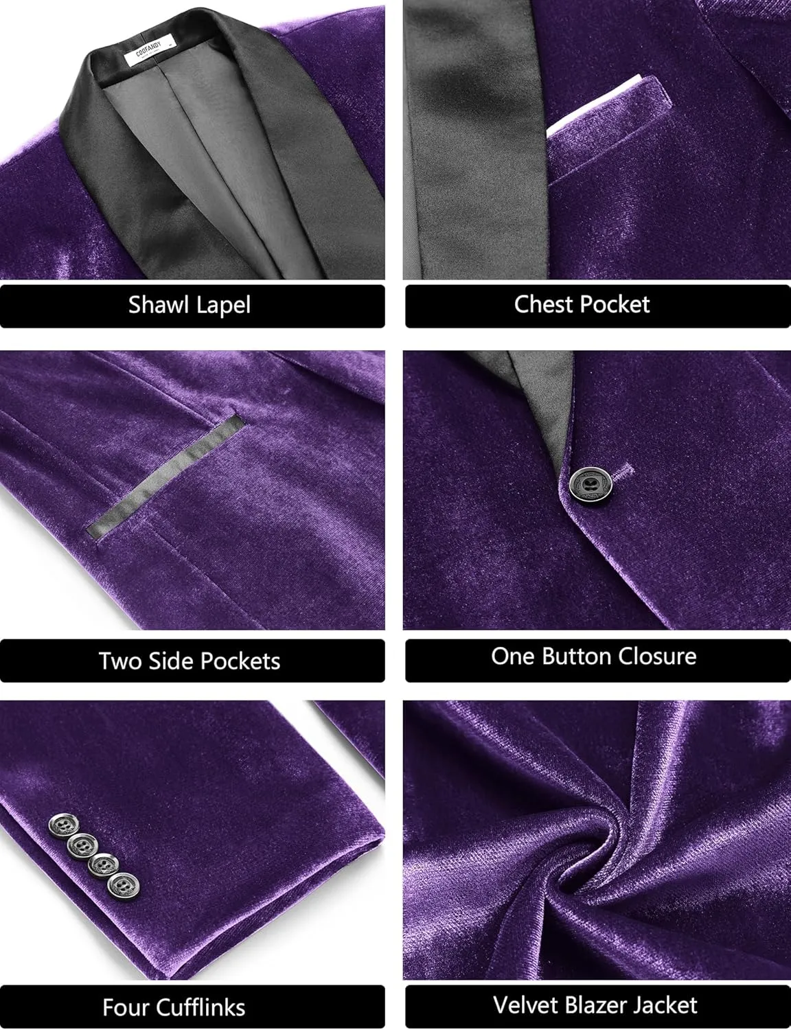 COOFANDY Men's Velvet Tuxedo One Button Jacket Dinner Prom Wedding Blazer Jacket