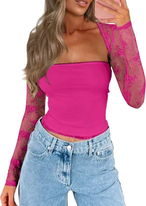 CSDAJIO Women's Going Out Tops Lace Long Sleeve Square Neck Crop Top Shirt Strapless Tube Top and Bolero Set