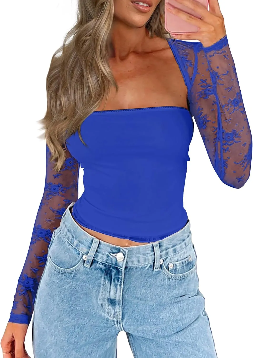 CSDAJIO Women's Going Out Tops Lace Long Sleeve Square Neck Crop Top Shirt Strapless Tube Top and Bolero Set