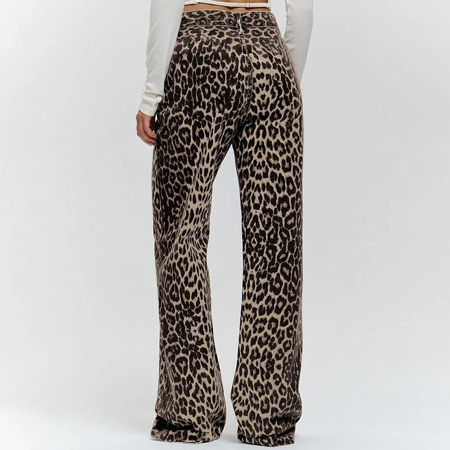 Denim Pants for Women Fall Leopard Print High Waist Baggy Wide Leg Trousers Casual Daily Travel Photo Straight Pant