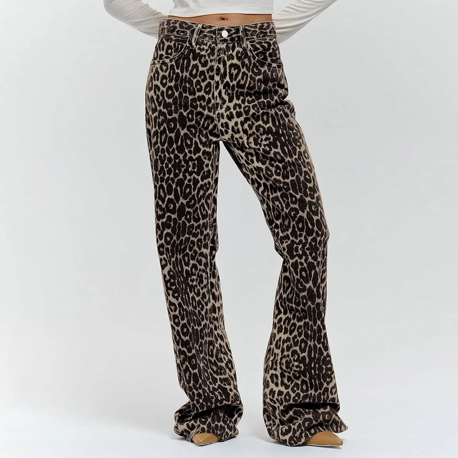 Denim Pants for Women Fall Leopard Print High Waist Baggy Wide Leg Trousers Casual Daily Travel Photo Straight Pant
