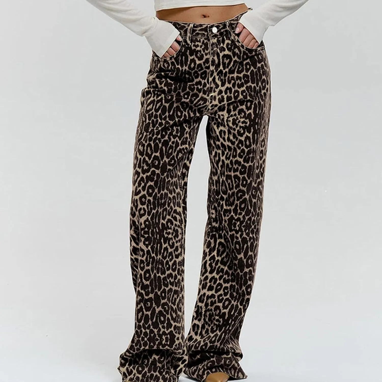 Denim Pants for Women Fall Leopard Print High Waist Baggy Wide Leg Trousers Casual Daily Travel Photo Straight Pant