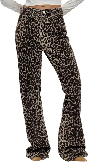 Denim Pants for Women Fall Leopard Print High Waist Baggy Wide Leg Trousers Casual Daily Travel Photo Straight Pant